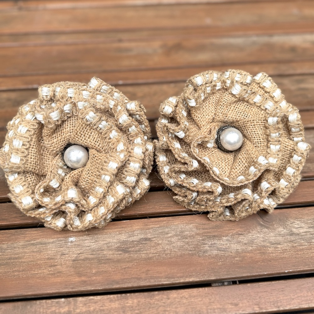 Handmade Rustic Burlap “Flower” with Pearls curtain clips set of two